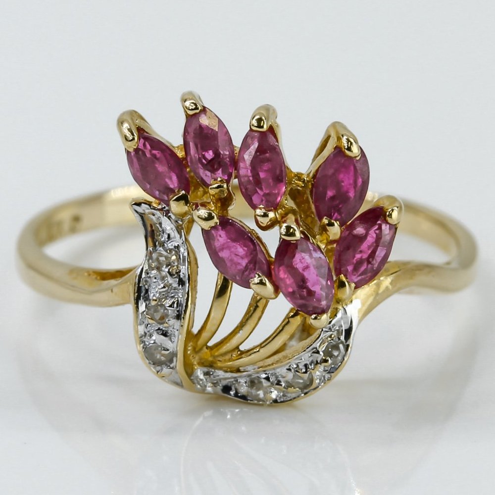 10k Gold Ruby & Diamond Flowers Ring